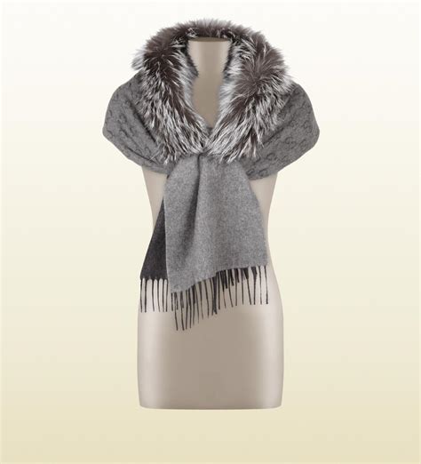 gucci logo scarf grey|Gucci scarf with fur trim.